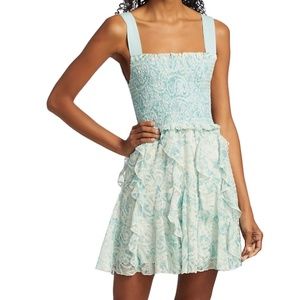 Alice + Olivia Jocelyn Floral Smocked Cotton Ruffle Dress, Blue and White Floral